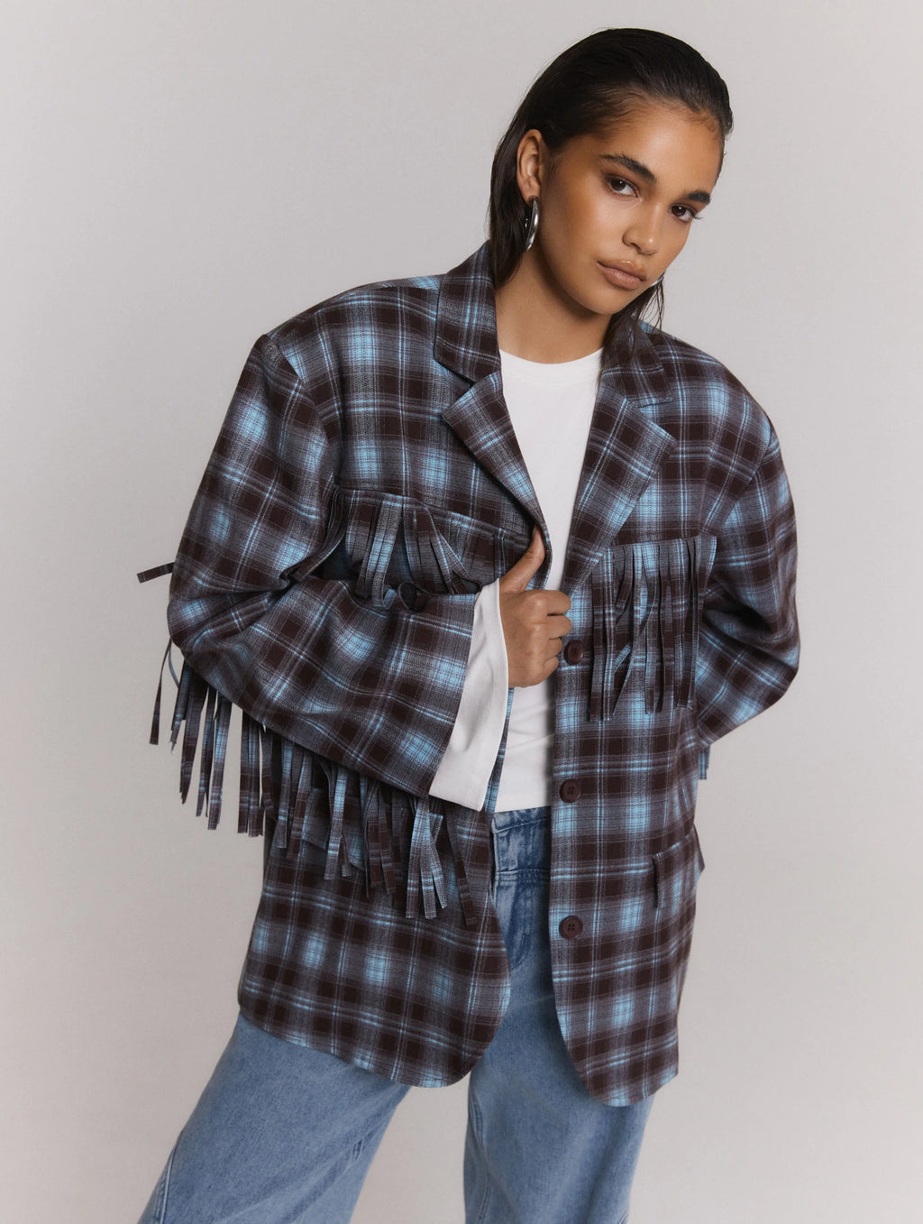 Tori Ladies woven Check Blazer Fringers